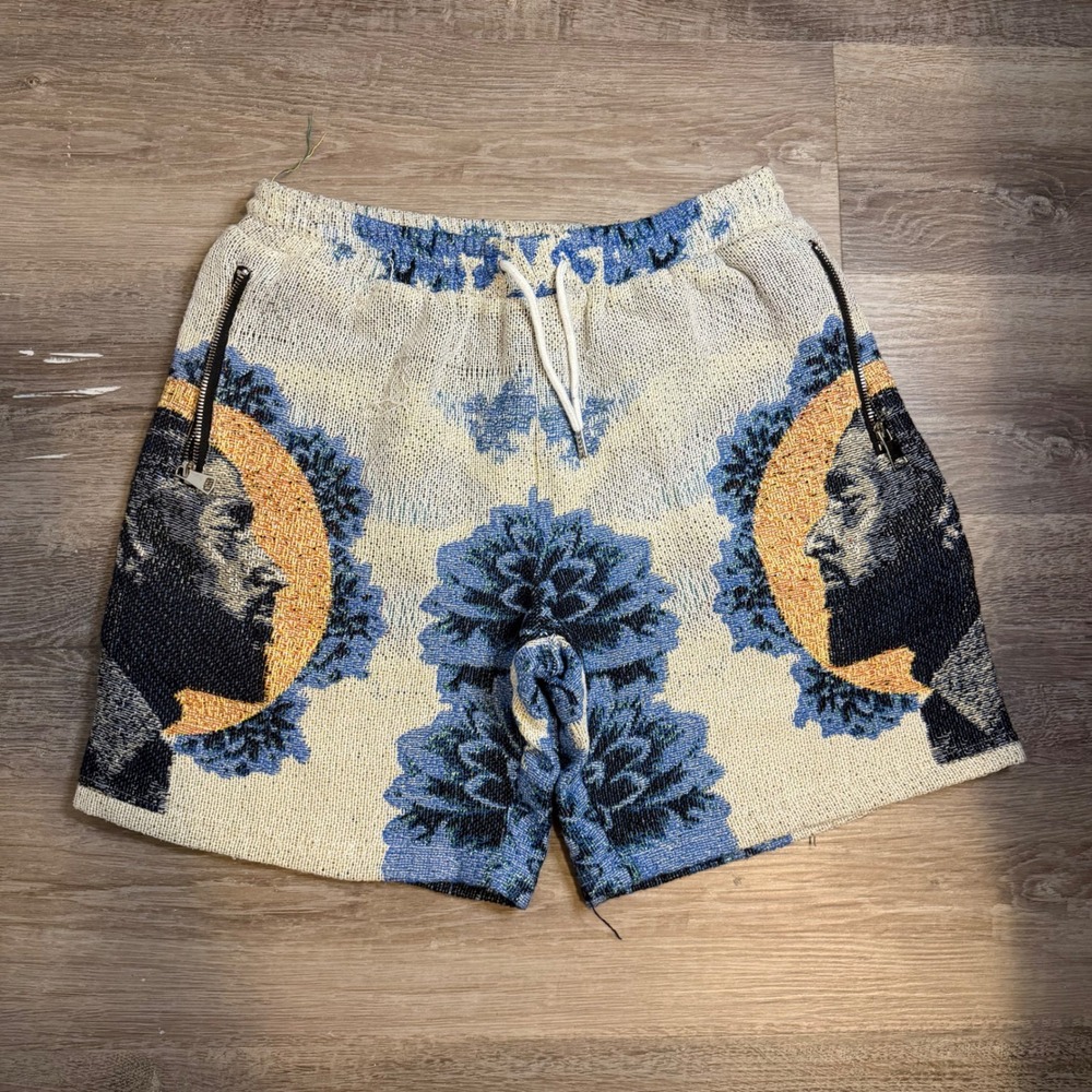 NSOD Nipsey Tapestry Shorts Mens Large Woven Graphic Blue Gold Cream